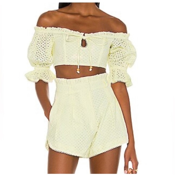 MAJORELLE Thalia Lemon Cream Yellow Eyelet Top Shorts Set Medium